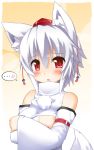  ... 1girl animal_ears bare_shoulders blush breast_hold breasts detached_sleeves hat inubashiri_momiji large_breasts looking_at_viewer open_mouth pom_pom_(clothes) red_eyes short_hair silver_hair solo speech_bubble tachi_yure tail tokin_hat touhou wolf_ears wolf_tail 