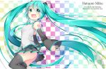  1girl 2015 aqua_eyes aqua_hair artist_name character_name checkered checkered_background cowboy_shot dated detached_sleeves from_side happy_birthday hatsune_miku headset inumine_aya long_hair necktie no_panties open_mouth skirt solo tattoo thigh-highs twintails very_long_hair vocaloid 