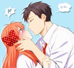  !? 1boy 1girl apfl0515 blush eye_contact gekkan_shoujo_nozaki-kun hair_ribbon hands_on_another&#039;s_face korean looking_at_another nervous nozaki_umetarou polka_dot_ribbon ribbon sakura_chiyo translation_request 