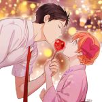  1boy 1girl apfl0515 braid candy_apple gekkan_shoujo_nozaki-kun hair_ribbon japanese_clothes kimono nozaki_umetarou red_ribbon ribbon sakura_chiyo sharing_food yukata 