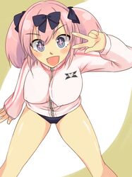  +_+ 1girl blue_eyes blush bow breasts buruma commentary_request hair_bow hibari_(senran_kagura) highres kurumi_(hasumi) large_breasts looking_at_viewer open_mouth pink_hair ribbon senran_kagura senran_kagura_(series) short_hair short_twintails smile solo symbol-shaped_pupils track_jacket twintails w 