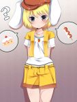  1girl ? adapted_costume animal_ears arms_behind_back bangs blonde_hair carrot_necklace collarbone cowboy_shot dango doku_corne food gradient gradient_background hat highres light_smile looking_at_viewer rabbit_ears red_eyes ringo_(touhou) shadow short_hair short_sleeves shorts simple_background solo speech_bubble standing strawberry_shortcake tagme tareme touhou vest wagashi 