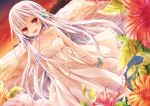  1girl :d blush bow collarbone dress dutch_angle flower frilled_dress frills hair_bow kasu_(return) long_hair looking_at_viewer open_mouth original red_eyes silver_hair smile solo sundress wrist_scrunchie 