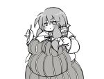  &gt;:&lt; 1girl big_belly blush breasts capelet eyes_visible_through_hair fat food frown hair_ribbon ice_cream jitome large_breasts long_hair looking_at_viewer monochrome obese parfait patchouli_knowledge pocky ribbon shotaunk solo spoon touhou tress_ribbon wide_hips 