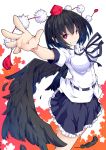  1girl autumn_leaves bird_wings black_hair black_wings breasts feathers grin hat hat_ribbon highres ishimu large_breasts looking_at_viewer pointy_ears pom_pom_(clothes) puffy_short_sleeves puffy_sleeves red_eyes ribbon shameimaru_aya shirt short_sleeves skirt smile solo tokin_hat touhou wings 