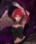  1girl breasts cleavage elbow_gloves gloves granblue_fantasy hair_ornament lady_grey large_breasts lips looking_away looking_to_the_side navel nirco parted_lips pink_eyes redhead short_hair skeleton solo upper_body white_gloves 