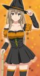  1girl amagi_brilliant_park bare_shoulders brown_eyes brown_hair contrapposto cowboy_shot cp9a detached_sleeves halloween hat hat_tip long_hair looking_at_viewer sento_isuzu skirt smile solo thigh-highs witch_hat zettai_ryouiki 