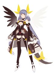  1girl asymmetrical_wings bare_shoulders blue_hair choker dizzy guilty_gear hair_ribbon highres long_hair red_eyes ribbon san_(winteroll) solo tail tail_ribbon thigh-highs very_long_hair wings 