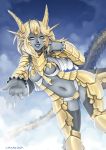 1girl barbariank blonde_hair blue_sky breasts center_opening circlet dragon_girl dragon_horns dragon_tail grey_skin hair_twirling highres horns lips looking_at_viewer navel nose original outstretched_hand scales sky smile solo tail thigh-highs yellow_eyes 