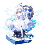  1girl apple blue_shoes checkered choker cocorip crown dress dress_lift earrings faux_figurine flower food fruit gloves jewelry kaku-san-sei_million_arthur long_hair looking_at_viewer mini_crown official_art pantyhose shoes sitting snow_white solo star white_dress white_gloves white_hair white_legwear 