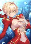  1girl absurdres ahoge blonde_hair breasts bubble cleavage dress fate/extra fate_(series) green_eyes hair_ribbon highres looking_at_viewer red_ribbon ribbon saber_extra solo underbust underwater wachiroku_(masakiegawa86) water 