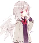  1girl bow dress hibanar kishin_sagume long_sleeves looking_at_viewer purple_dress red_eyes short_hair silver_hair simple_background single_wing solo touhou upper_body vest white_background wings 