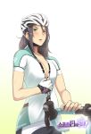  1girl absurdres artist_name bicycle_helmet black_hair breasts cleavage gloves green_eyes helmet highres korean large_breasts light_smile long_hair original parted_lips purplevortex solo sweat sweating translation_request unzipping 