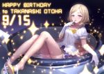  1girl birthday blonde_hair blue_eyes blush character_name dated finger_to_mouth gloves happy_birthday irua long_hair open_mouth partially_submerged pretty_rhythm pretty_rhythm_rainbow_live smile solo takanashi_otoha water wet white_gloves yellow_flower 
