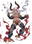  &gt;;) 1girl bare_shoulders belt black_gloves breasts collarbone dark_skin elbow_gloves emu_(eomou) facial_mark fire forehead_mark full_body gandagouza genderswap gloves granblue_fantasy grey_hair grey_legwear highres horns large_breasts long_hair low-tied_long_hair midriff navel one_eye_closed orange_eyes pointy_ears quad_tails simple_background skindentation smile solo sparkle thigh-highs thigh_strap white_background zettai_ryouiki 