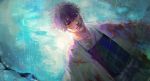  1boy artist_name blood bloody_clothes chromatic_aberration closed_eyes gintama hachimaki headband lying male_focus on_back oreki_genya rain sakata_gintoki short_hair solo water white_hair 