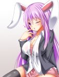  1girl animal_ears black_legwear blazer blouse blush breasts cleavage collarbone heart large_breasts long_hair one_eye_closed open_clothes open_mouth open_shirt pleated_skirt purple_hair rabbit_ears red_eyes reisen_udongein_inaba roro_(sghona10) shirt skirt solo thigh-highs touhou 
