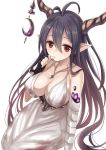  1girl antenna_hair bandages black_gloves black_hair breasts danua dress fingerless_gloves gloves granblue_fantasy harimoji highres horns large_breasts long_hair looking_at_viewer pointy_ears red_eyes simple_background solo thumb_sucking white_background white_dress 