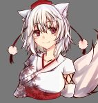  1girl albino animal_ears blush grey_background hat highres inubashiri_momiji japanese_clothes leaf long_sleeves looking_at_viewer maple_leaf obi pom_pom_(clothes) red_eyes sash short_hair simple_background smile solo string tail tohochang tokin_hat touhou upper_body white_hair wolf_ears wolf_tail 