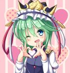 1girl ;d asymmetrical_hair blue_eyes blush crown green_hair hat head_tilt heart heart_hands highres juliet_sleeves long_sleeves looking_at_viewer mochizuki_hull one_eye_closed open_mouth puffy_sleeves ribbon shiki_eiki smile solo star tabard touhou 
