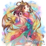  1girl barefoot bracelet brown_hair copyright_name drum hair_ornament hair_rings instrument jewelry long_hair multicolored_clothes naruse_chisato open_mouth red_eyes solo tenkuu_no_kurafuto_furito watermark 