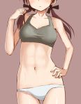  1girl aksman blush breasts brown_hair cowboy_shot gertrud_barkhorn hand_on_hip head_out_of_frame long_hair low_twintails navel panties parted_lips red_background simple_background solo strike_witches sweat tank_top twintails underwear underwear_only white_panties 