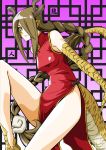  1girl antlers braid brown_hair china_dress chinese_clothes claws dragon_girl dragon_horns dragon_tail green_eyes hair_over_one_eye horns leg_lift long_hair monster_girl monster_musume_no_iru_nichijou pointy_ears ryu-jin_(monster_musume) s-now scales side_slit signature single_braid sleeveless slit_pupils small_breasts solo tail very_long_hair 