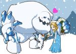  1girl blonde_hair blue_eyes blush braid elsa_(frozen) flower frozen_(disney) heart lily_(flower) marshmallow_(frozen) olaf_(frozen) otsukimi single_braid snow snowing snowman 