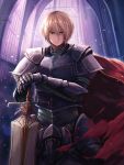  1boy arch armor bangs blonde_hair breastplate brown_eyes cape chain_chronicle cowboy_shot facial_scar faulds gauntlets heterochromia indoors light_particles looking_at_viewer male_focus oukatihiro red_eyes scar solo spaulders sword tattoo weapon 