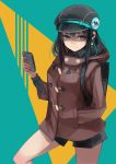  1girl backpack bag black_hair bow cellphone earphones grey_eyes hat holding_phone hood_down jacket long_hair looking_at_viewer original phone shirt shorts smirk solo striped striped_bow striped_shirt window1228 