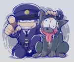  2boys alternate_costume animal_costume brothers chiyo_(shuten_dj) collar dog_costume drooling grin hat hat_over_eyes ichimatsu jyushimatsu male_focus multiple_boys osomatsu-kun osomatsu-san petting pointing police police_hat police_uniform siblings sitting smile spiked_collar spikes squatting uniform wall-eyed 