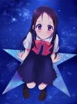  1girl black_hair charlotte_(anime) domaro_yui highres long_hair otosaka_ayumi school_uniform sitting star violet_eyes 
