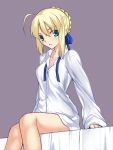 1girl ahoge arm_support bed_sheet blonde_hair blue_eyes blush bottomless bottomless_female breasts buttons cleavage dress_shirt eyebrows eyebrows_visible_through_hair fate/stay_night fate_(series) hair_up highres looking_at_viewer saber shirt sitting_on_bed skylader solo type-moon