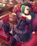  1girl absurdres bare_shoulders black_legwear bonnet book choker couch gothic_lolita green_hair high_heels highres lamp lolita_fashion looking_at_viewer one_eye_covered peropero_saimin peroperoairu pillow red_eyes red_shoes shoes sitting solo stuffed_animal stuffed_toy teddy_bear thigh-highs 