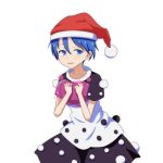  1girl blob blue_eyes blue_hair cato_(monocatienus) doremy_sweet dress hat leaning_forward looking_at_viewer nightcap object_hug parted_lips pom_pom_(clothes) short_hair short_sleeves simple_background smile solo touhou white_background 