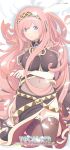  1girl bare_shoulders barefoot black_legwear blue_eyes blush breasts detached_sleeves headphones headset highres large_breasts long_hair long_skirt looking_at_viewer megurine_luka midriff pink_hair side_slit skirt smile solo thigh-highs vocaloid yeounsi 