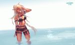  1girl bikini black_bikini blue_eyes braid breasts cleavage dark_skin dungeon_and_fighter hanaboo knife long_hair mole mole_under_mouth navel ocean pointy_ears ponytail red_pupils sheath sheathed smile solo swimsuit thigh_strap white_hair 