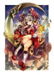  1girl ahoge bonnet breasts chain_chronicle cleavage crystal dress evegogo grey_hair hair_ornament hand_to_own_mouth kneehighs moon outstretched_hand red_dress red_shoes shoes sitting sky solo star_(sky) starry_sky violet_eyes 
