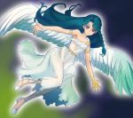  1girl angel_wings blue_eyes blue_hair braid dress flying go!_princess_precure haruyama_kazunori kaidou_minami long_hair looking_at_viewer precure single_braid solo white_dress wings 