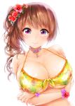  1girl bikini blush breast_hold breasts brown_hair cleavage flower front-tie_top hair_flower hair_ornament hibiscus jewelry koshika_rina large_breasts long_hair looking_at_viewer necklace original side_ponytail simple_background smile solo swimsuit violet_eyes white_background wrist_cuffs 