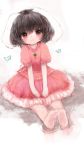  1girl :o animal_ears barefoot black_hair brown_eyes bunny_tail carrot_necklace dress dutch_angle faux_traditional_media frilled_skirt frills inaba_tewi layered_dress looking_at_viewer maccha_cocoa_(mococo) pink_dress puffy_short_sleeves puffy_sleeves rabbit_ears short_hair short_sleeves simple_background sitting skirt solo tail touhou white_background 