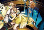  1boy 1girl bangs black_gloves blonde_hair blue_eyes brother_and_sister cage dress flower gloves hair_ornament hairclip hand_on_another&#039;s_shoulder kagamine_len kagamine_rin long_sleeves looking_at_viewer ponytail sheet_music short_hair siblings sitting smile suzunosuke_(sagula) swing twins vocaloid wings yellow_dress 
