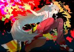  1girl bow breasts burning_hand burnt_clothes collared_shirt fire foreshortening fujiwara_no_mokou grey_hair hair_bow highres hofuriko long_hair ofuda overalls red_eyes shirt shoes sideboob smile solo torn_clothes torn_sleeves touhou very_long_hair 