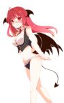  1girl aoi_(annbi) arms_behind_back bat_wings between_breasts bikini blush breasts cleavage demon_tail embarrassed frilled_bikini frills head_wings highres koakuma large_breasts long_hair looking_at_viewer navel necktie necktie_between_breasts open_mouth red_eyes red_necktie redhead simple_background smile solo swimsuit tail touhou vest white_background wings 