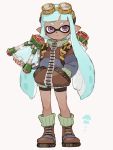  1girl aqua_hair bike_shorts blue_eyes blush bomb boots coat container domino_mask goggles goggles_on_head hand_in_pocket holding inkling long_hair looking_at_viewer mask solo soto splatoon squid standing tentacle_hair white_background 