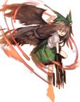  &gt;:d 1girl :d arm_cannon black_wings brown_hair full_body hair_ornament hair_ribbon kokaki_mumose leg_up long_hair looking_at_viewer open_mouth puffy_sleeves red_eyes reiuji_utsuho ribbon shirt short_sleeves simple_background skirt smile solo touhou weapon white_background wings 