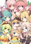  1boy 6+girls ahoge animal_ears bare_shoulders blonde_hair blue_eyes blush bow braid breast_press breasts brother_and_sister cat_ears cleavage crossover detached_sleeves goggles goggles_on_head green_eyes green_hair gumi hair_ornament hair_ribbon hairclip hatsune_miku headphones headset highres ia_(vocaloid) kagamine_len kagamine_rin large_breasts long_hair long_skirt looking_at_viewer megurine_luka multiple_girls nitroplus off_shoulder open_mouth pink_hair red_eyes ribbon seeu shaded_face short_hair siblings skirt sleeveless smile spring_onion super_sonico symmetrical_docking twin_braids twins twintails very_long_hair vocaloid yeounsi 