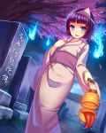  1girl blue_eyes blush cherry_blossoms dutch_angle ghost graveyard headband highres hitodama holding japanese_clothes lantern looking_at_viewer open_mouth outdoors peropero_saimin peroperoairu purple_hair solo tombstone tongue 