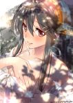  1girl bare_shoulders bikini bikini_pull black_hair brown_eyes collarbone covering covering_breasts front-tie_top hair_ornament hairband hairclip haruna_(kantai_collection) headgear highres kantai_collection long_hair looking_at_viewer smile solo swimsuit ugeppa white_bikini 