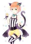  1girl animal_ears blush bow cat_ears cat_tail fang fingerless_gloves gloves green_eyes hair_bow highres hoshizora_rin love_live!_school_idol_project orange_hair paw_pose puffy_shorts shirt short_hair smile solo striped striped_legwear striped_shirt tail utsumi_sae vertical-striped_legwear vertical-striped_shirt vertical_stripes wrist_bow yellow_eyes 